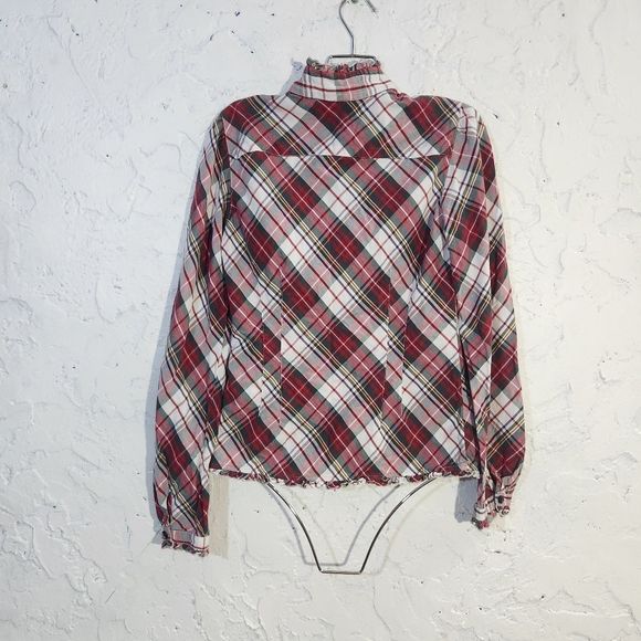 Tommy Hilfiger plaid red green white ruffle button down long sleeve blouse small - Picture 12 of 13